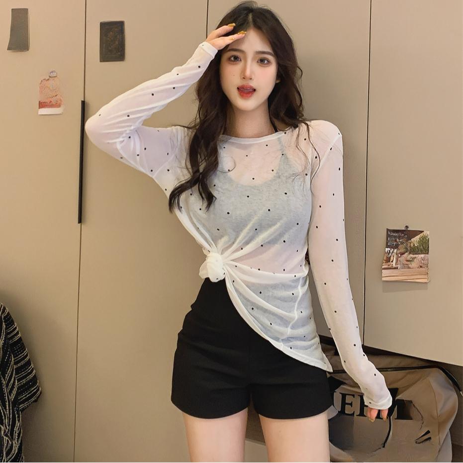 Summer Wear Both Front and Back Slit Polka Dot Long Sleeve T-shirt Women Thin Slightly Transparent Sunscreen Cover T Shirt Casual Loose Relaxed Tops