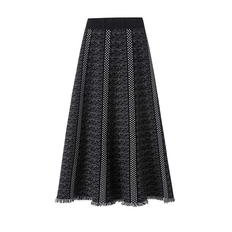 Retro Women's Autumn Winter Knitted Midi Skirt Black Wool A-Line Flared Skirt