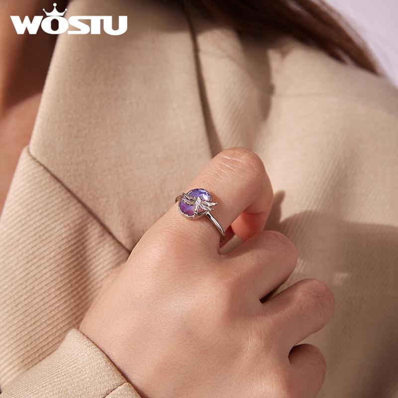 WOSTU 925 Sterling Silver Monet Dragonfly Open Ring For Women Rainbow Crystal Adjustable Rings Boho Jewelry For Everyday Wear
