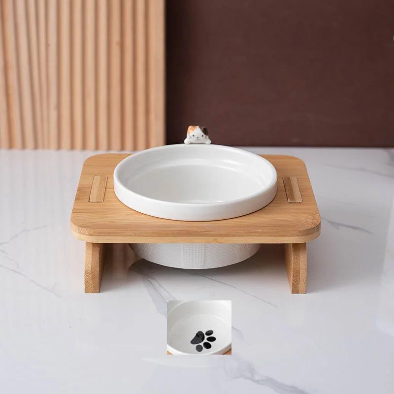 Cartoon Pets Double Bowl Dog Cat Food Water Feeder Stand Raised Ceramic Dish Bowl Wooden Table Pet Supplies Cat Bowls