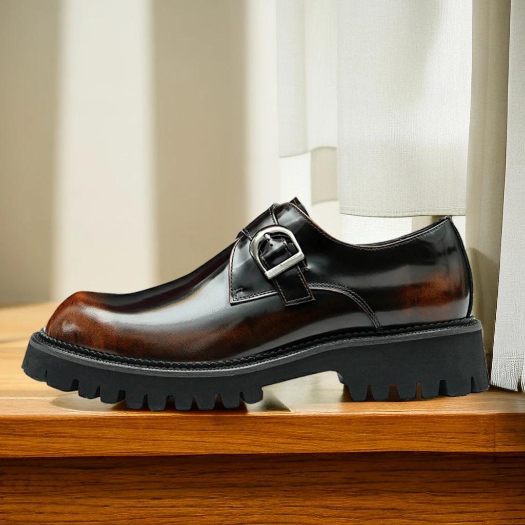 New Thick-Soled British Style Casual Wedding Leather Glossy Slip-On Height-Increasing Men's Formal Business Monk Shoes