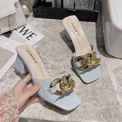 Pure Color Square Sandals Ladies Decorative Metal Heel Shoes Fashion Summer 2024 Sexy and Comfortable Metal Chain Wedge Sandals