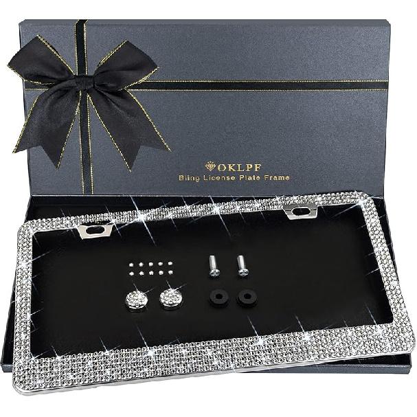 Bling License Plate Frame for Women, 1PCS Sparkly License Plate Frames| Over 1200 Pcs 14 Facets Bedazzled Clear Glass Diamond Rhinestone Crystals