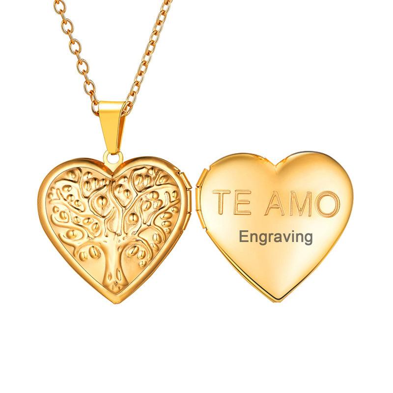 Halsband i rostfritt stål Silver Guld Träd Öppningsbart Hjärta Fotoram Fotobox Halsband