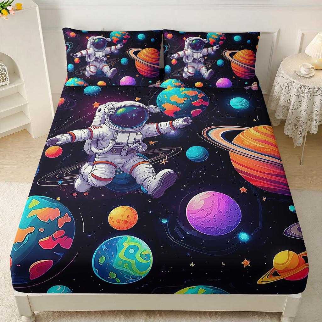 Cat Astronaut Pattern Mattress Three-Piece Digital Printing Mattress Bedding Set Adult Children