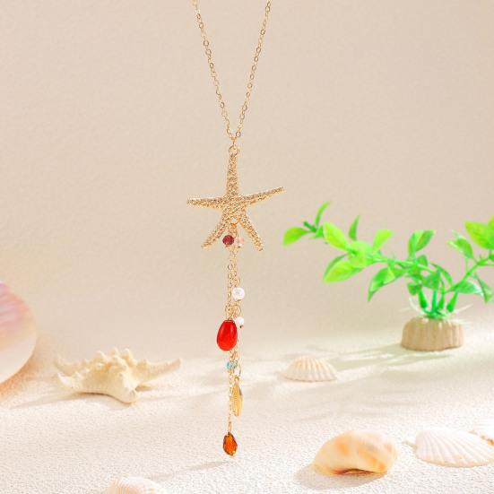 Bohemian Sea Star Shell Jewelry Set Beach-Inspired Necklace Earrings with Rhinestone Tassels Elegant Gift for Women Summer Beach Jewelry
