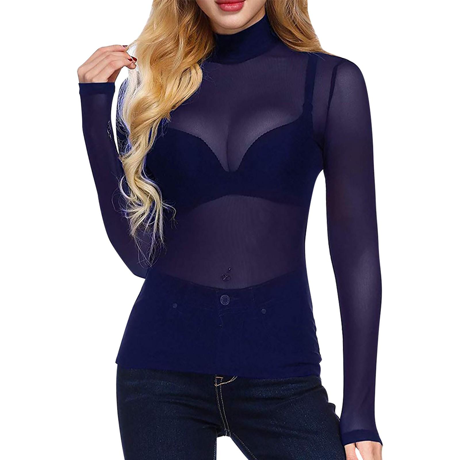 

Женская летняя сексуальная ультратонкая сетчатая эластичная обтягивающая рубашка с длинными рукавами и полувысоким воротником XXXL