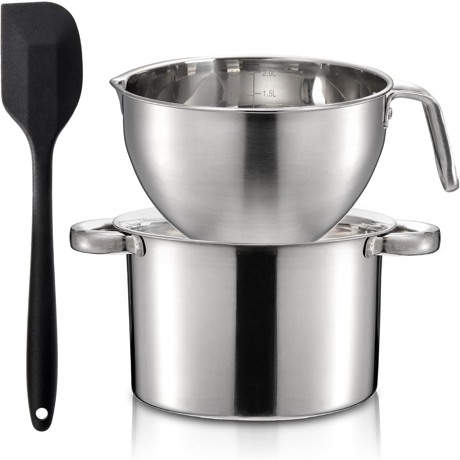 Double Boiler Pot Set with Silicone Spatula, 2000ML/1.8QT Chocolate Melting Pot with 2800ML/2.54QT Stainless Steel Pot, Candy Melting Pot 2-Pack