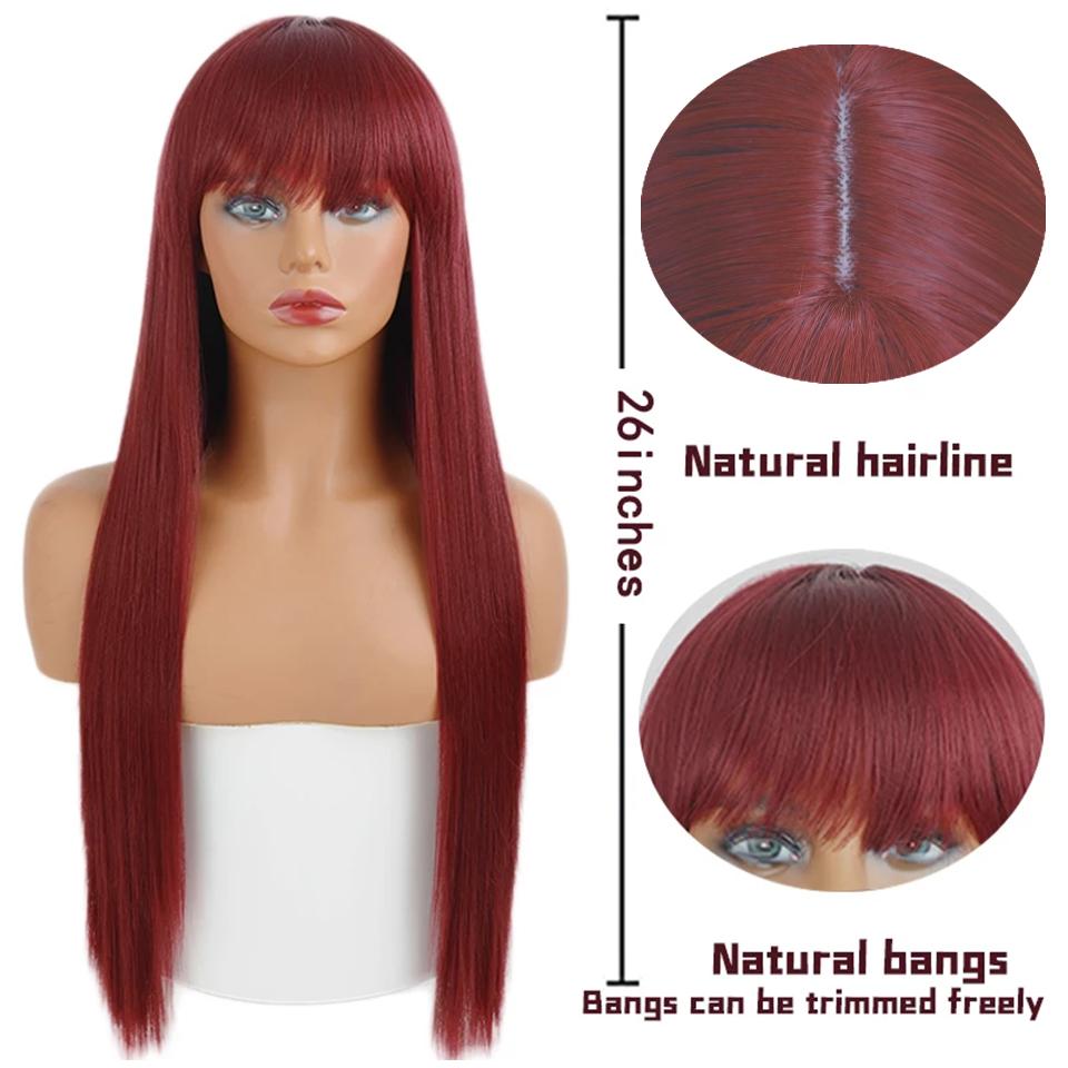XINRAN Lange gerade weinrote Perücke mit Pony, synthetische Perücken für Frauen, hitzebeständiges Naturhaar für die tägliche Halloween-Cosplay-Party