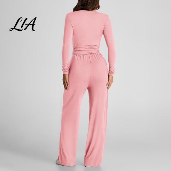 Breathable Matching Sets Women Top Pants Set for Spring Fall, Slim Fit Crewneck Sweatshirt, Everyday Wear Suit Elastic Waist Loose Wide
