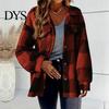 Women Plaid Jacket Fall Winter with Fake Pockets Contrast Color Print Casual Plus Size Turn-down Collar Single-breasted Long Sleeve Cardigan