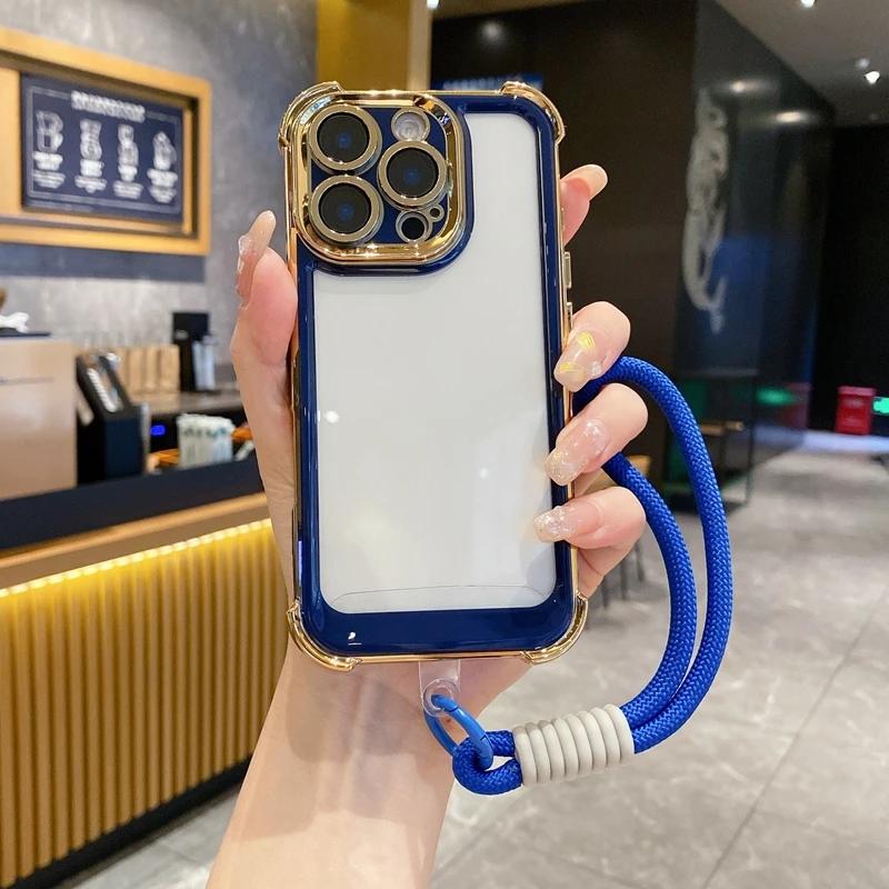 Luxury Electroplate With Lanyard Transparent Phone Case For For Iphone 15 14 13 12 11 16 Pro Max Plus Bumper Shockproof Clear Cover