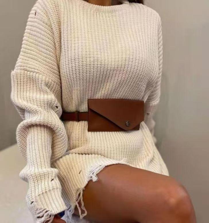 Autumn/Winter Solid Color Ripped Hem Round Neck Loose Knit Sweater