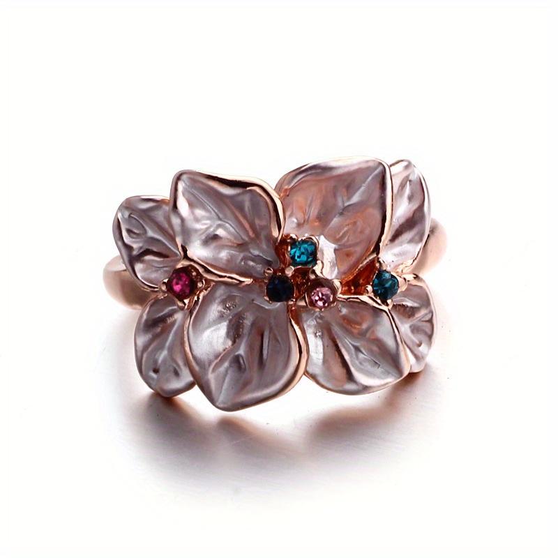 1Pc Rose Gold Flower Ring Set with Synthetic Zircon, Suitable for Daily Wear
