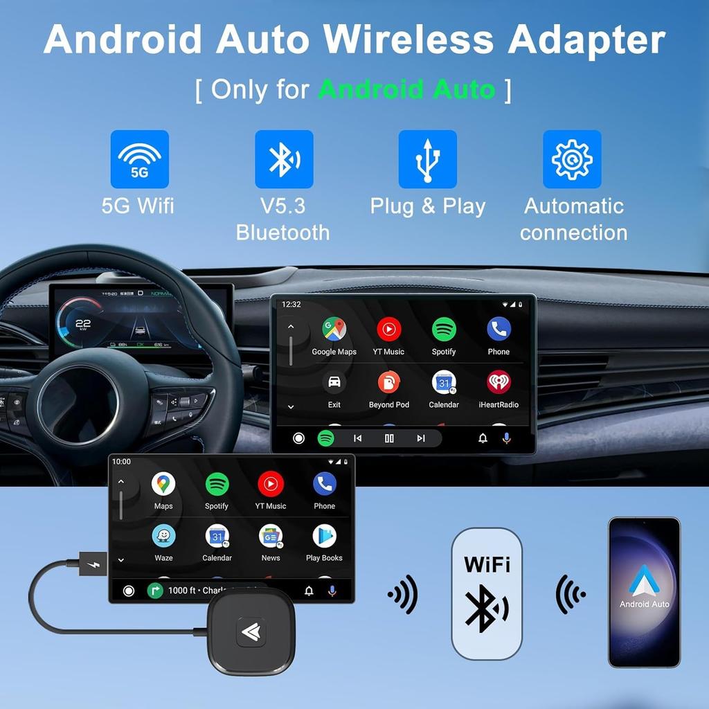 Android Auto Wireless Adapter, Wireless Android Auto Car Adapter for Wired Android Auto Cars Converts Wired to Wireless Easy Setup Plug & Play