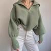 Womens Fall Winter Loose Lantern Sleeve Collared Pullover Short Sweater