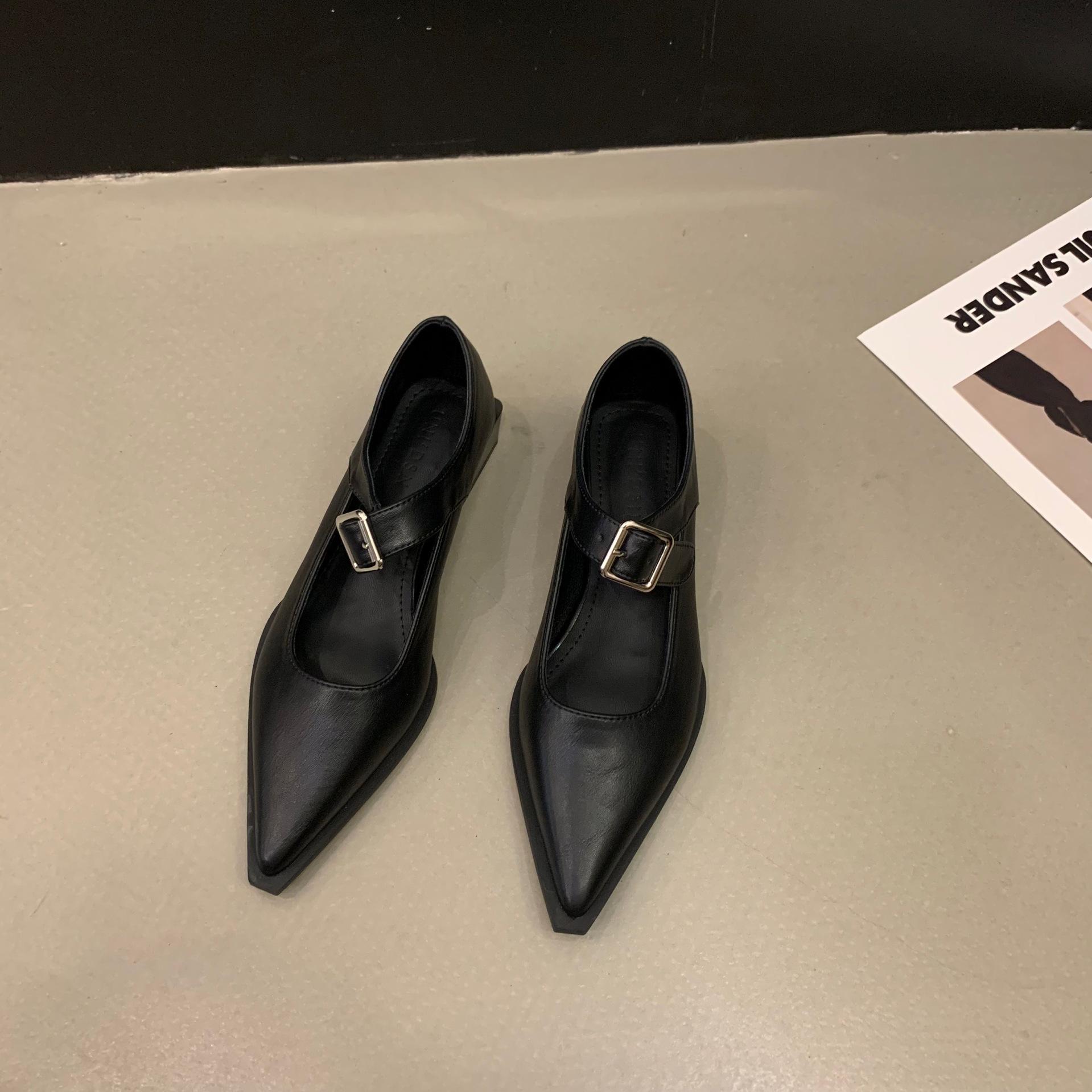 

Туфли женские Мэри Джейн на высоком каблуке с острым носком черного цвета Весенние туфли Niche Temperament на толстом каблуке Маленькие кожаные туфли 40 чёрный