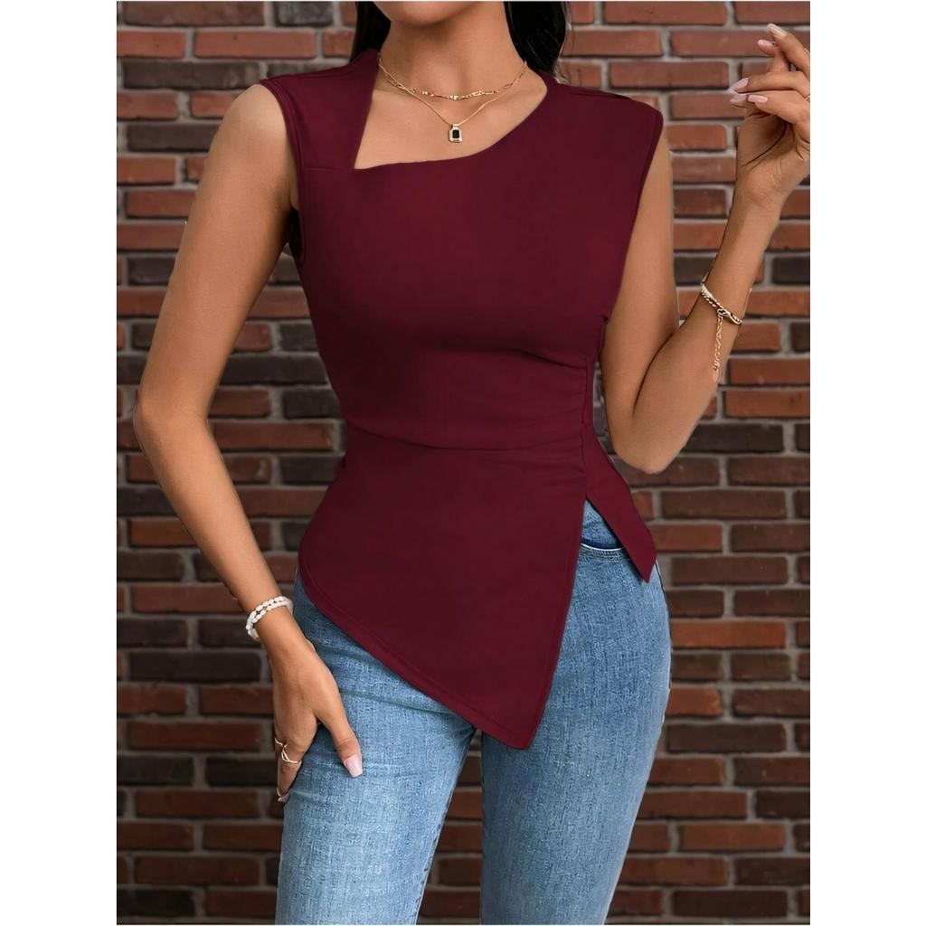 Sommer Unregelmäßiges Damen T-Shirt Einfarbig Schräghals Ärmelloses Top