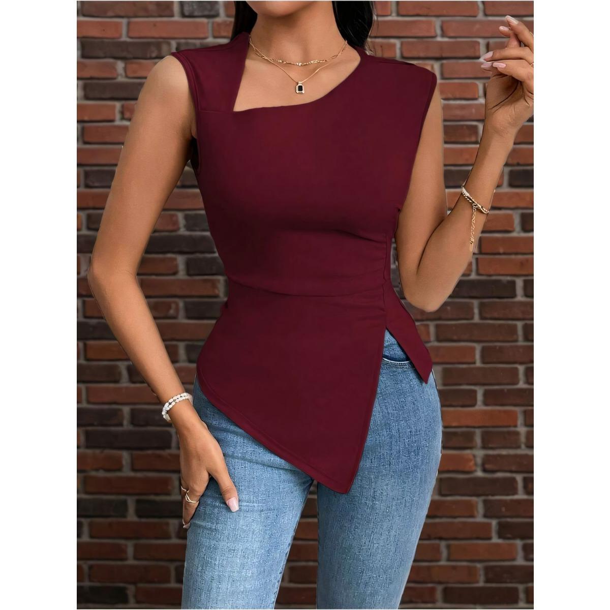 

Летняя асимметричная женская футболка однотонная с косым вырезом без рукавов XL фуксия