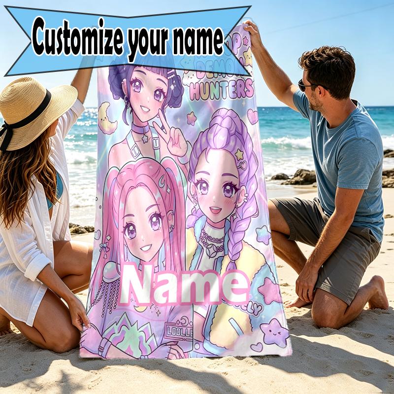 Custom Name Personalized KPop Demon Hunters Print Beach Towel, for Trip Camping Beach Party Home Decor, Birthday Gift for Family & Friends