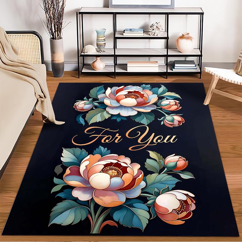 Elegant Floral Carpet with "For You" Text and Vibrant Peony Design Suitable for Use As an Anti-slip for Living Room Bedroom Sofas