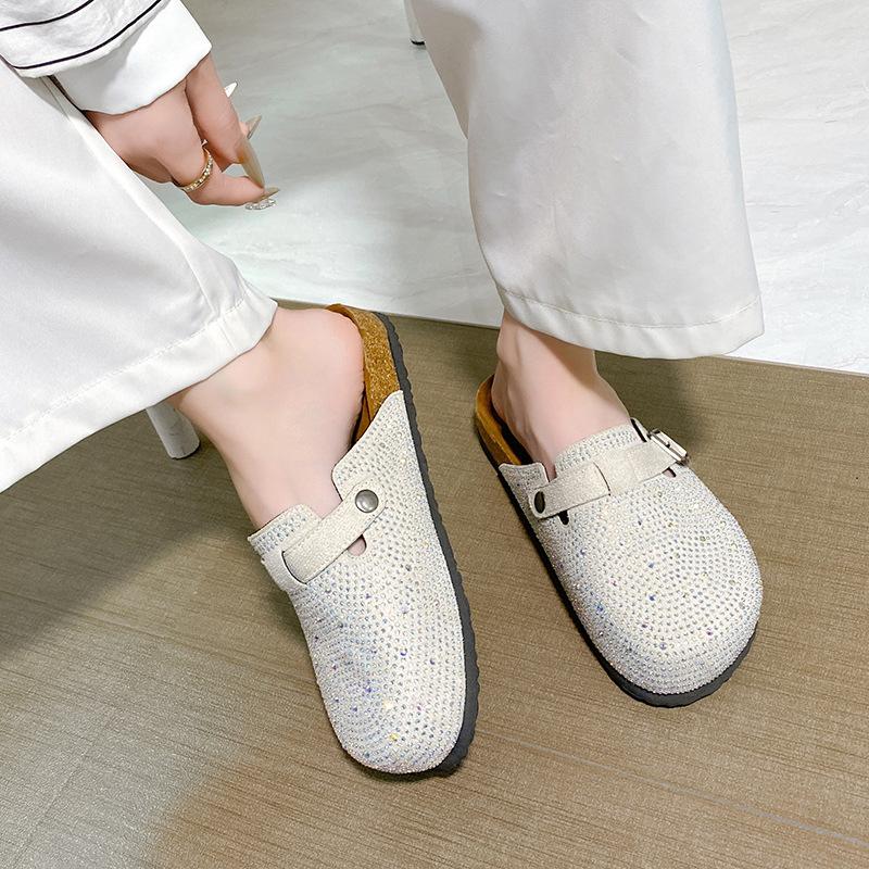 Large Size Bag Head Slippers Women's New Thick-soled Casual Belt Buckle Muller Shoes Rhinestone Lazy Slippers