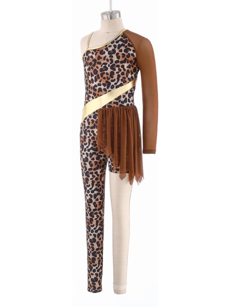 Costume da Ballo a Tema Grotta per Bambine: Body Patchwork Stampa Leopardo, Design Asimmetrico per Ginnastica nella Giungla e Palcoscenico