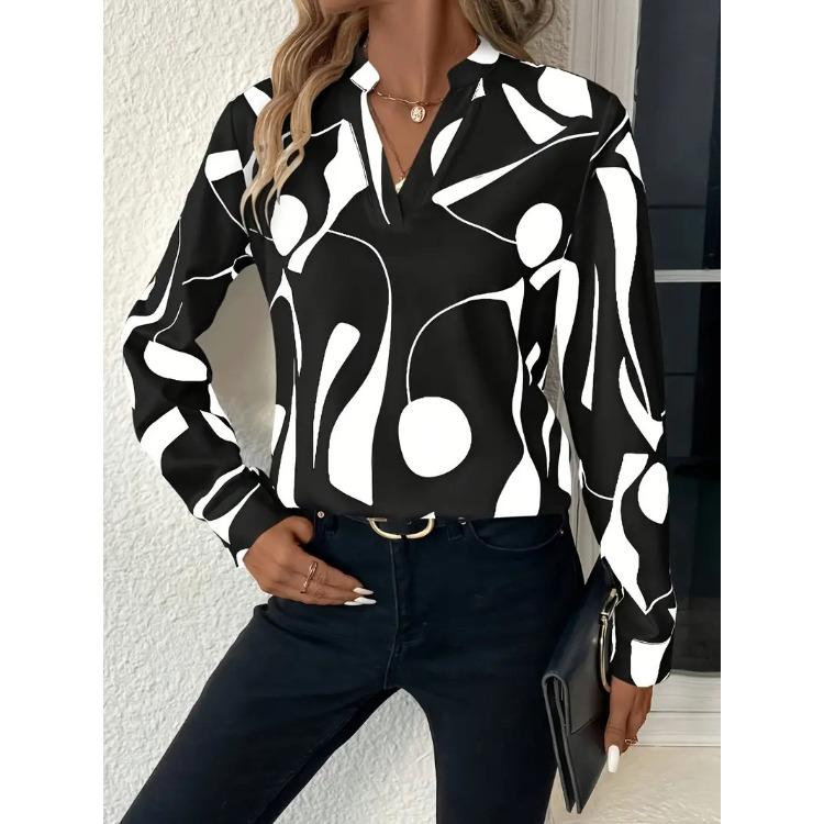 Women's V Neck Long Sleeve Loose Fit Blouse Abstract Pattern Casual Shirt