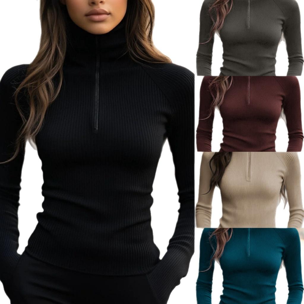Herbst und Winter Damen Slim Fit Elastisch Schlankmachend Reißverschlusskragen Gestricktes Basic Kurzarmshirt Top T-Shirt
