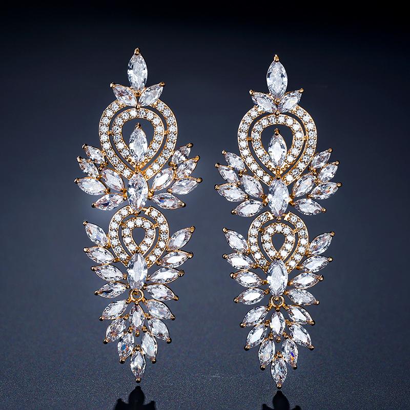 Luxury Leaf Marquise Zircon Long Drop Dangle Earrings Shiny AAA Cubic Zirconia Bridal Women's Wedding Party Zircon Accessories
