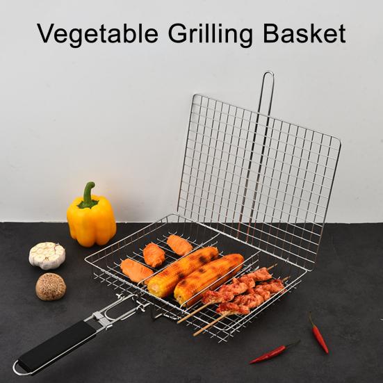 Grill Basket Foldable BBQ Grilling Removable Handle Basket with Stainless Steel Outdoor Cooking Camping Accessories
