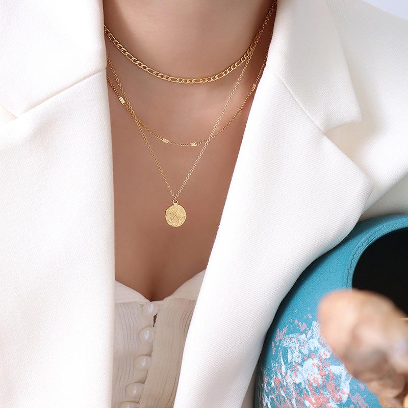 French Retro Irregular Round Brand Avatar Element Stud Earrings Titanium Steel Necklace Set F544-P071