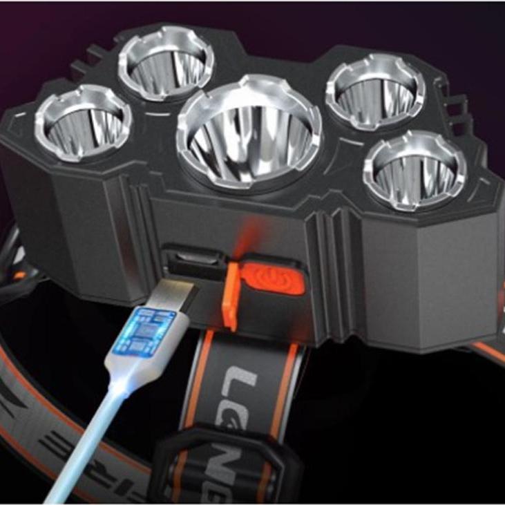 Strong 5-core Headlights Super Bright USB Charging Night Fishing Tele LED Headset Work Headlight Fishing Super Hiking Light