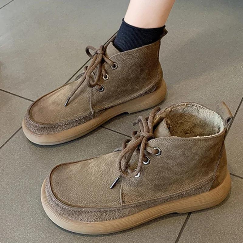 Fashion 2025 Hot Sale Shoes for Women Lace Up Women's Boots Winter Round Toe Solid Flock Naked Boots Low-heeled Concise Fashion Boots