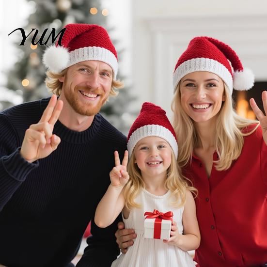 Warm Festive Headgear for Winter Santa Hat, Red Knitted Christmas Hat Kids Adults, Soft Premium Yarn Caps Holiday Season Xmas Party with White Pompom