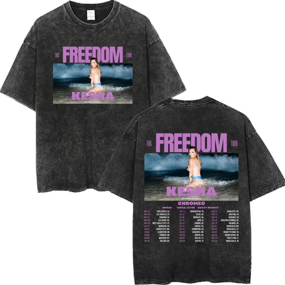 Vintage Washed Kesha The Freedom Tour 2026 Print T-shirts Fashion Hip Hop Short Sleeve T Shirt Men Women Casual Cotton T-shirt