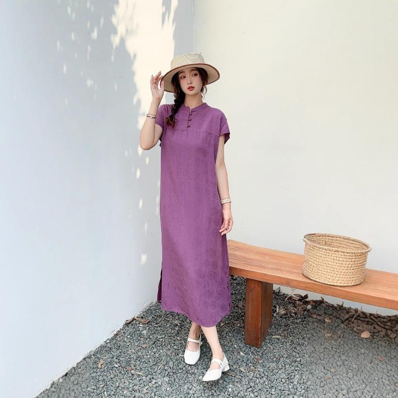 

Женское летнее новое хлопково-шелковое новое китайское платье свободное тонкое модное тонкое секционное платье из вискозы с иностранным газом 5XL фиолетовый