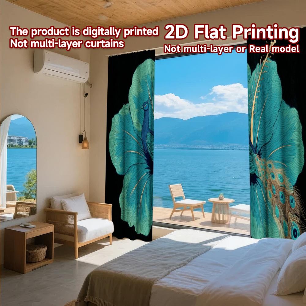 Set Of 2 Flat Printing Curtains Without Rod Floral Peacock Design Holiday Ramadan Printed Durable Polyester Curtain Made