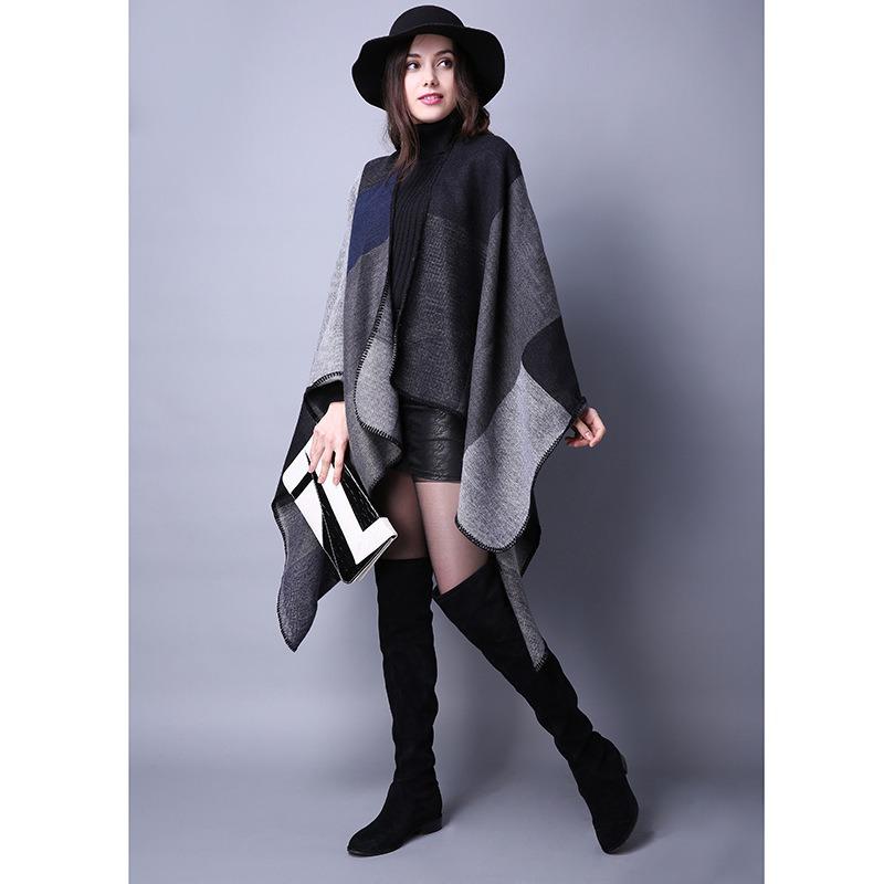 Autumn and Winter Scarf Versatile Plaid Women's Travel Shawl Imitation Cashmere Split-ended Thickened Cape