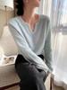 Women's Early Autumn Red V-Neck Cashmere Sweater with French-Style Bubble Sleeves - Loose, Short, Wool Pullover