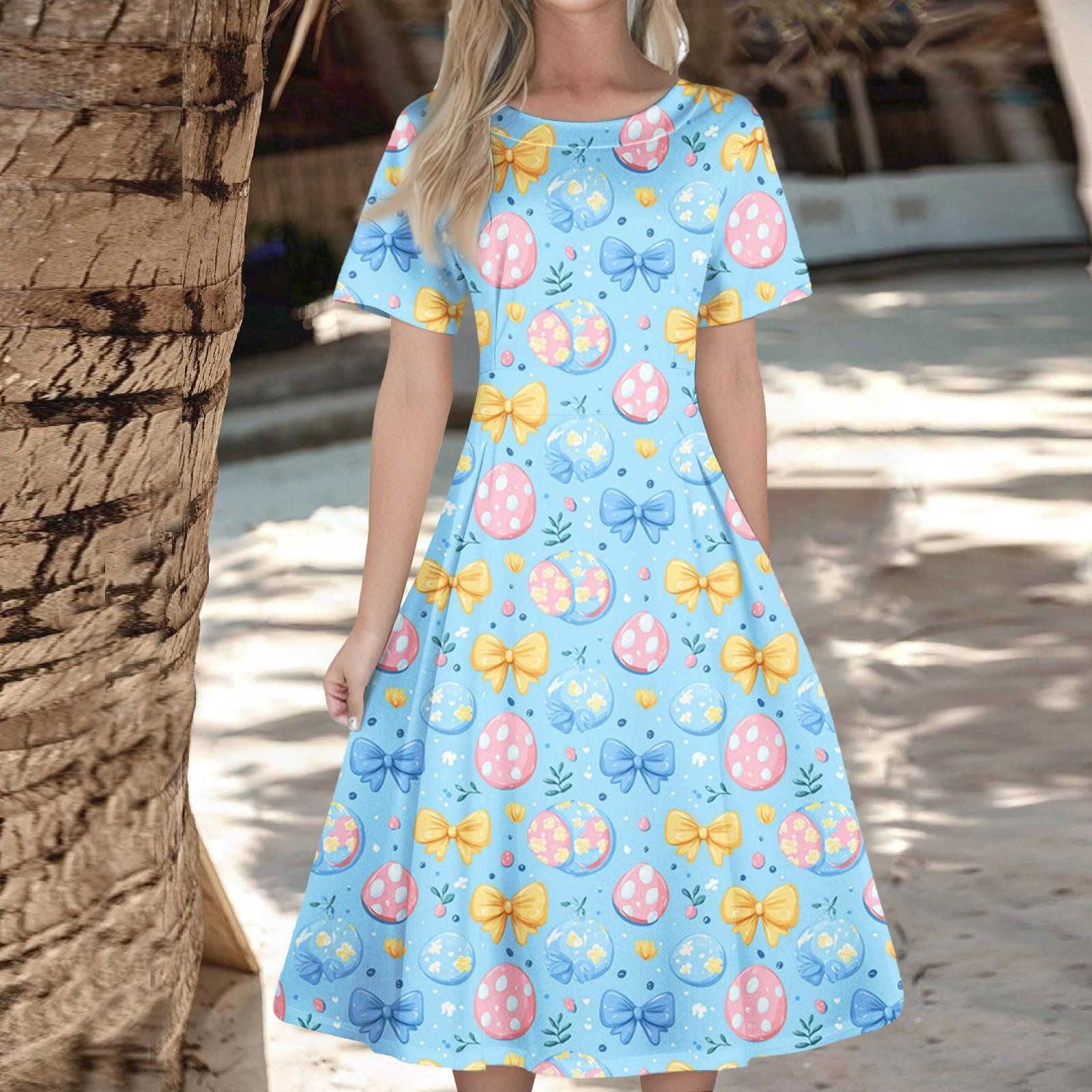 

Женское повседневное модное платье с пасхальным принтом, круглое платье с коротким рукавом и талией, средней длины (с молнией) L темно-синий