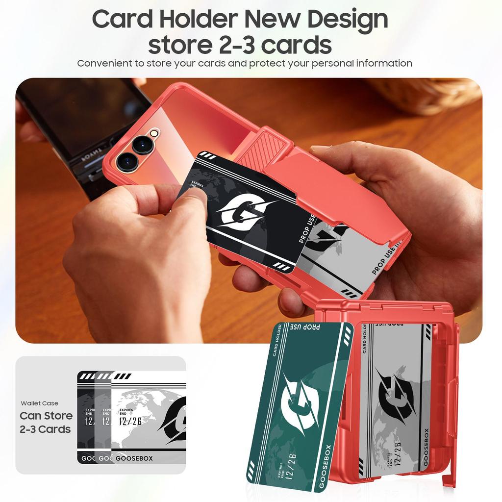 For Samsung Galaxy Z Flip 7 with Card Holder [RFID Blocking] & Hinge Protection & HD Screen Protector,Rugged Anti-Scratch Phone Case-Rose Red