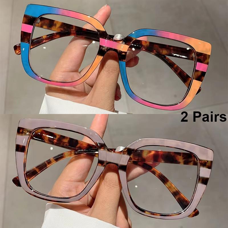 2 Pairs Oversized Square Glasses Women Fashion Patchwork Optical Frames Trendy Blue Light Blocking Multi-color Rim Eyeglasses