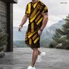 Men Plus Size Round Neck Short Sleeve Yellow Black Printed Two Piece Shorts Set
