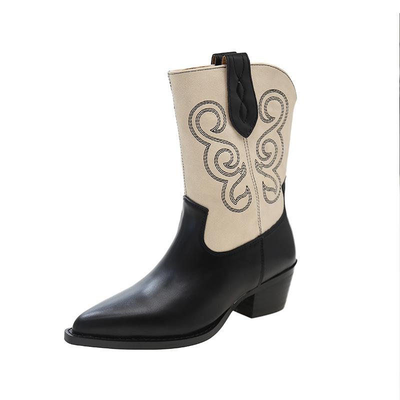 Retro western cowboycsizma 2025 új nyári vastag sarkú vékony közepes csizma sokoldalú hegyes színösszeállítás lovagcsizma