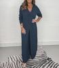 Women's V-Neck Long-Sleeve Slit Top with Wide-Leg Pants - Summer Solid Color Set