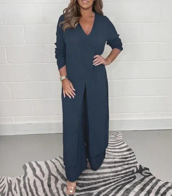 Women's V-Neck Long-Sleeve Slit Top with Wide-Leg Pants - Summer Solid Color Set