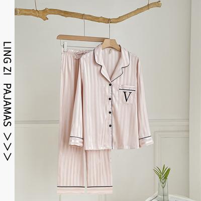 1111 Sommer Neu Eis Seide Damen Pyjama V-Ausschnitt Dünne Hose Langarm Süß Hochwertig Lässig Loungewear