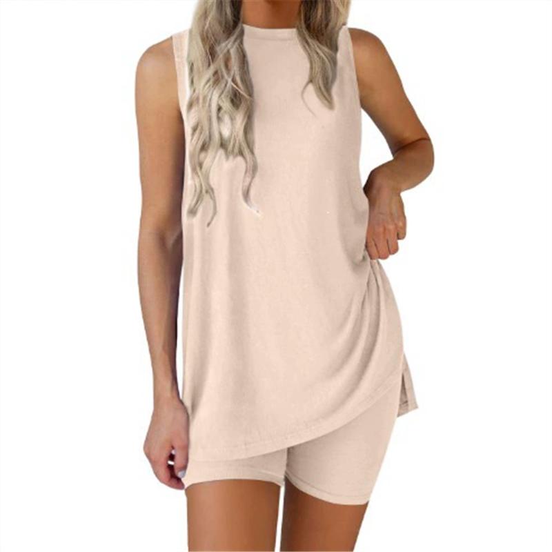 Damen Mode Sets Ärmellos Rundhals Hoher Schlitz Pullover Tanktop + Elastische Taille Skinny Shorts Sommer Outfits