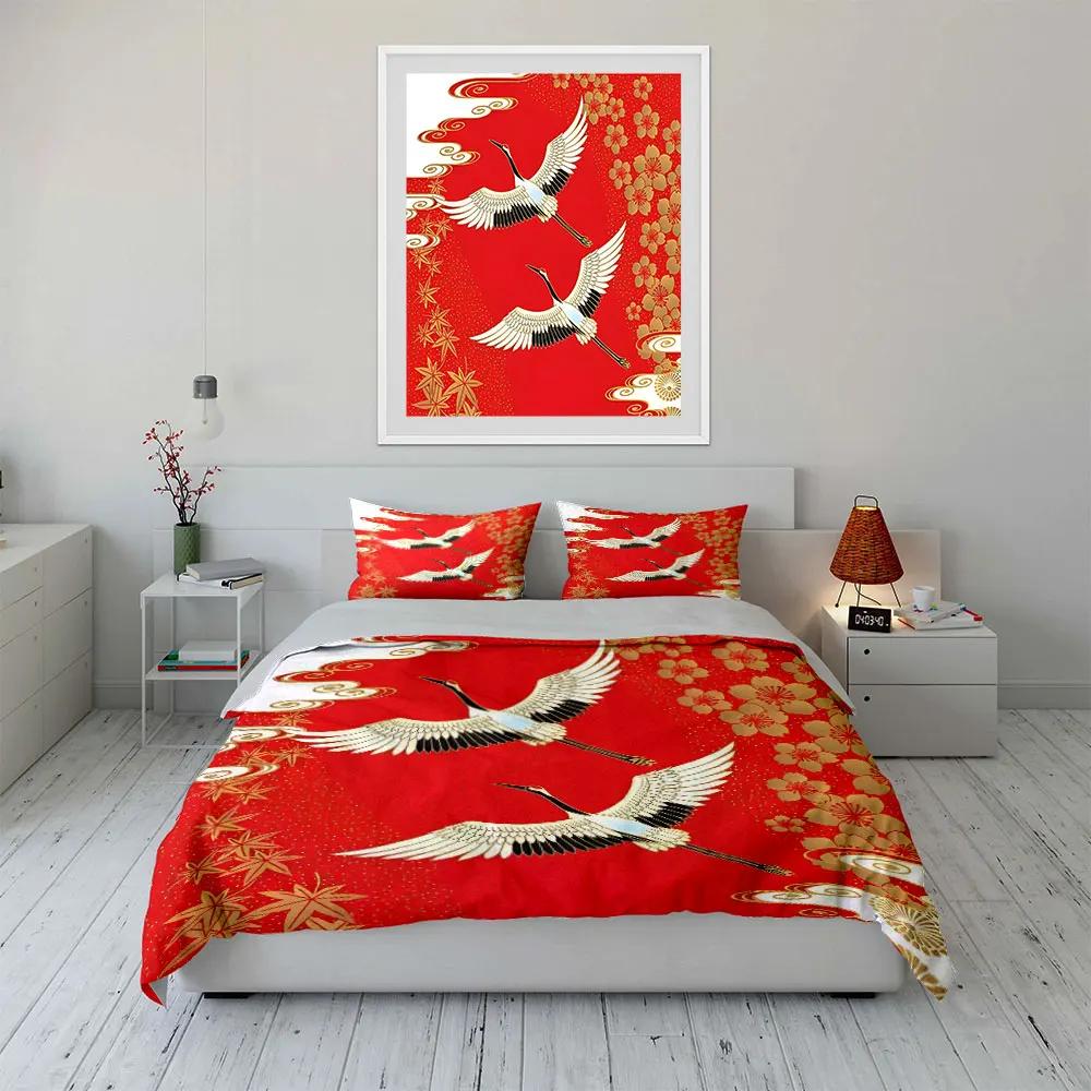 Golden Crane Pattern Decor Set Multiple sizes kid's and adults' bedroom Exquisite 3PC bedding set gift